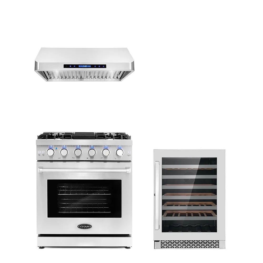 3 Piece Kitchen Appliance Package with Gas Range Range Hood and Wine Refrigerator M6183