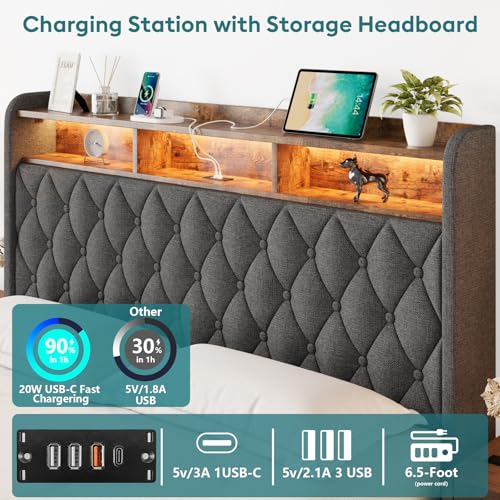Queen Size Storage Bed Frame with Headboard and LED Lights E77318