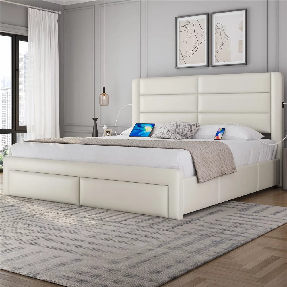Beige Upholstered Platform Bed with 3 Storage Drawers and USB Ports I230821