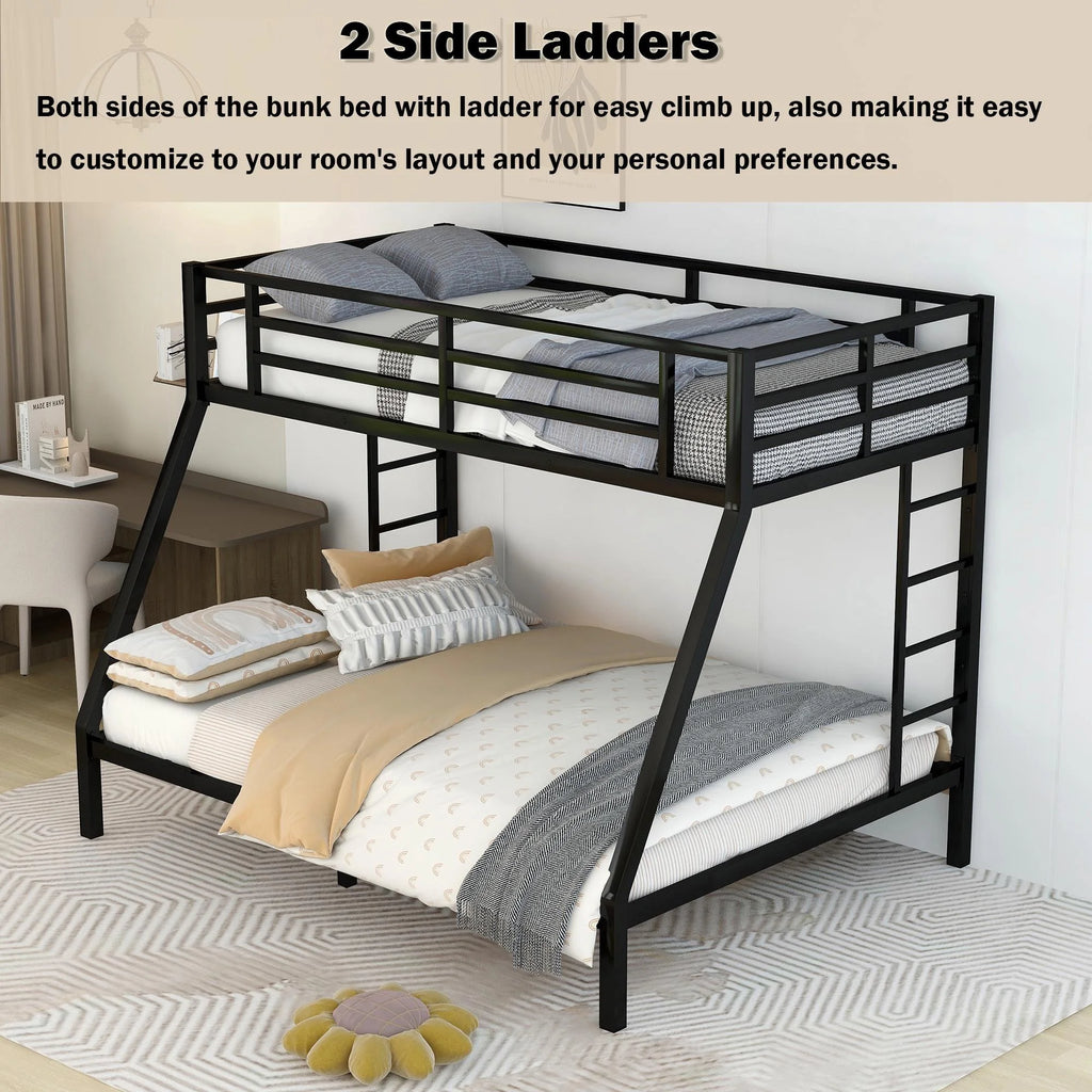 Black Twin XL over Queen Metal Bunk Bed with Ladder and Guardrails Y317