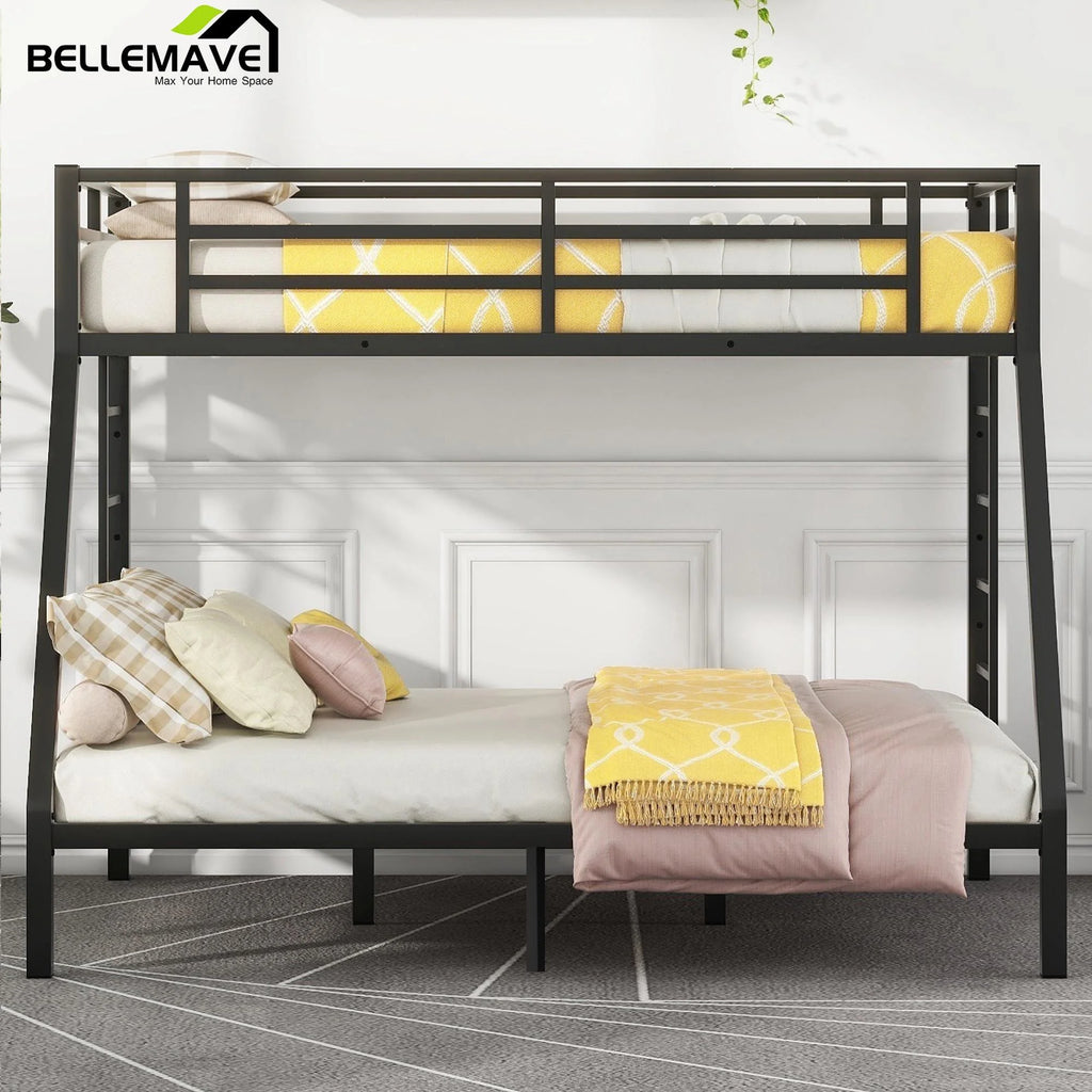 Black Twin XL over Queen Metal Bunk Bed with Ladder and Guardrails Y317
