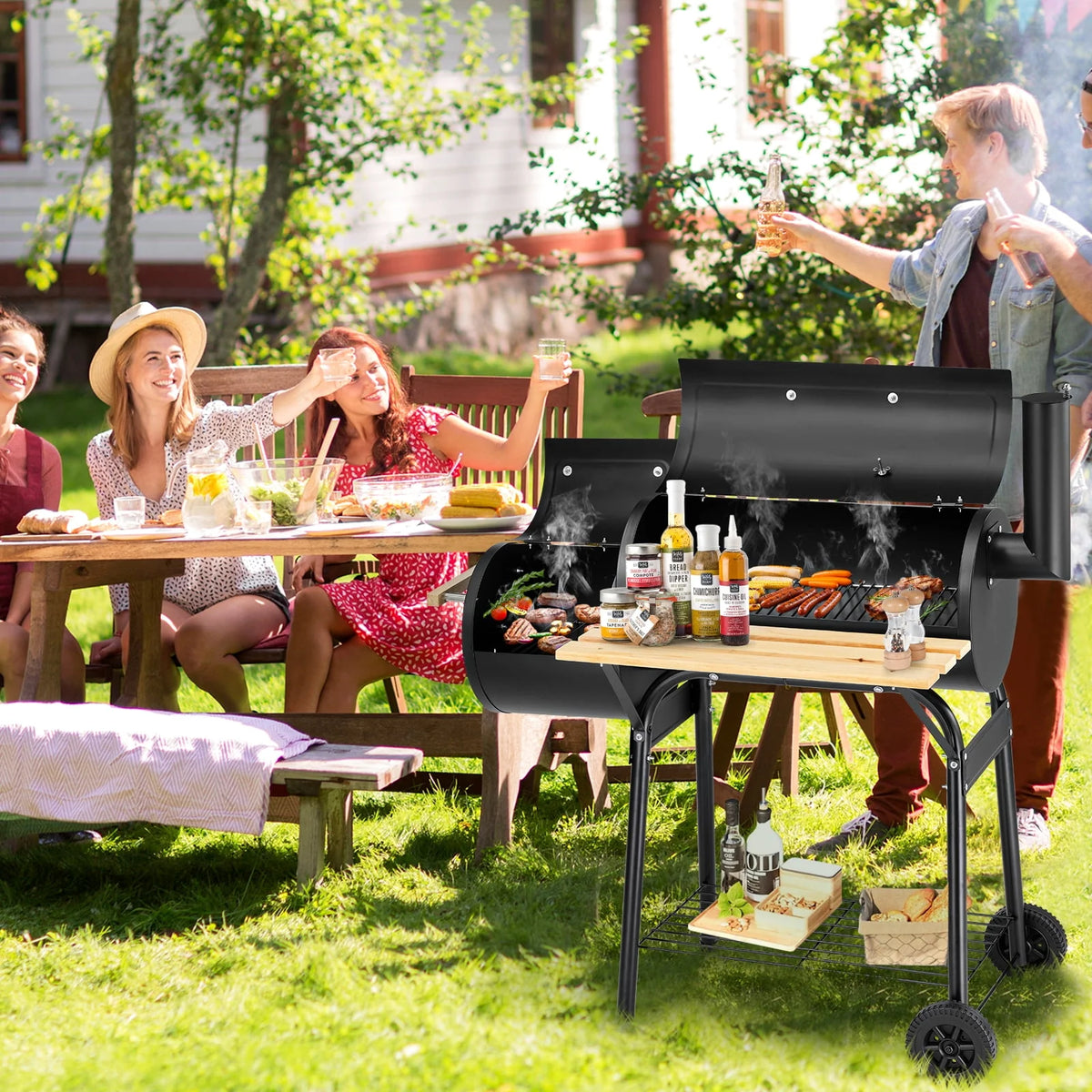 Charcoal Grill, 45.28-Inch Portable Offset Smoker with Wheels & Thermometer D663703