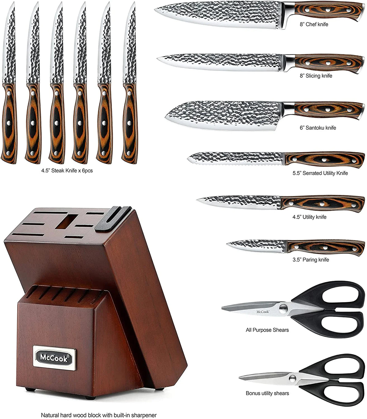 15-Piece Stainless Steel Knife Block Set with Built-in Sharpener J273