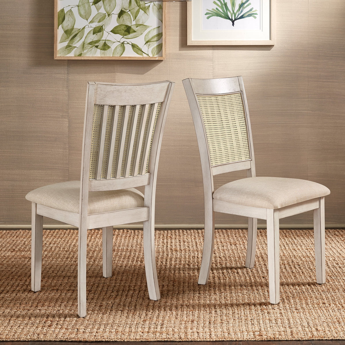Antique White Beige Linen Dining Chair Set of 2 R8590