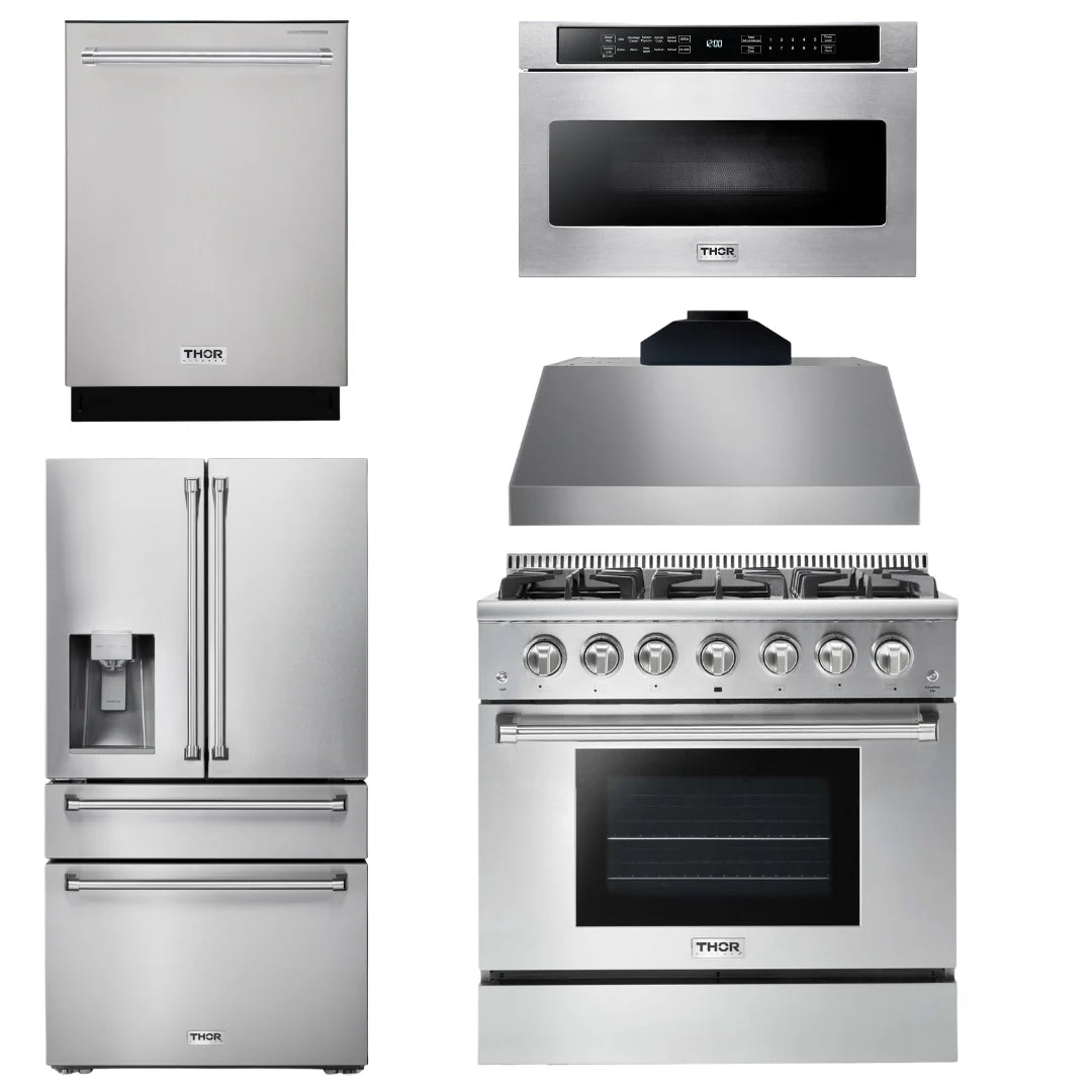 36 Propane Gas Range, Range Hood, Microwave, Refrigerator, Dishwasher N21308