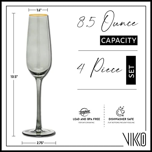 8.5 Ounce Smoked Gold Rim Champagne Flutes Set of 4 S661