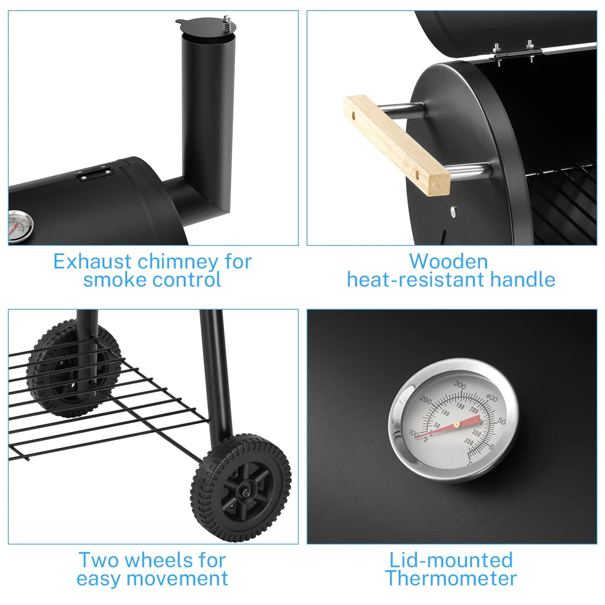 Charcoal Grill, 45.28-Inch Portable Offset Smoker with Wheels & Thermometer D663703