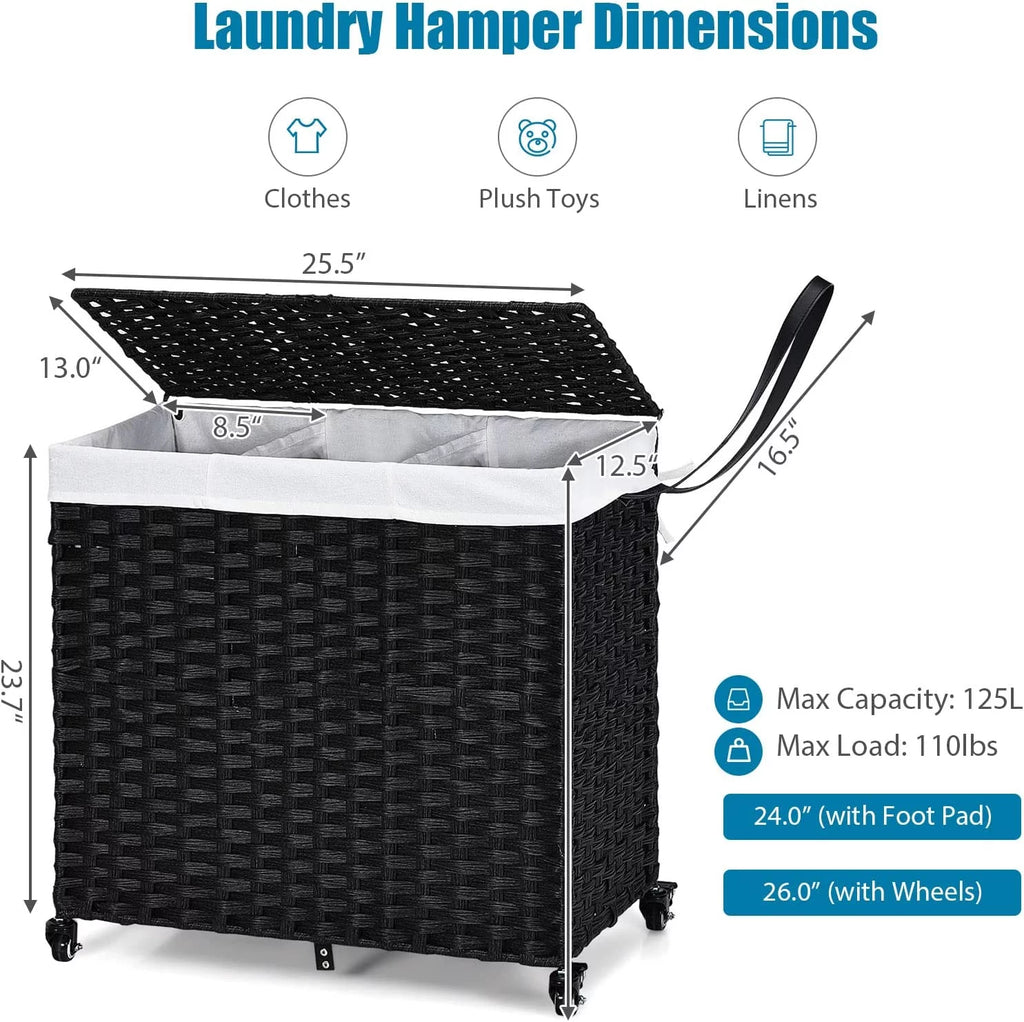 Hand Woven Rattan Laundry Hamper with Lid and Wheels E449256