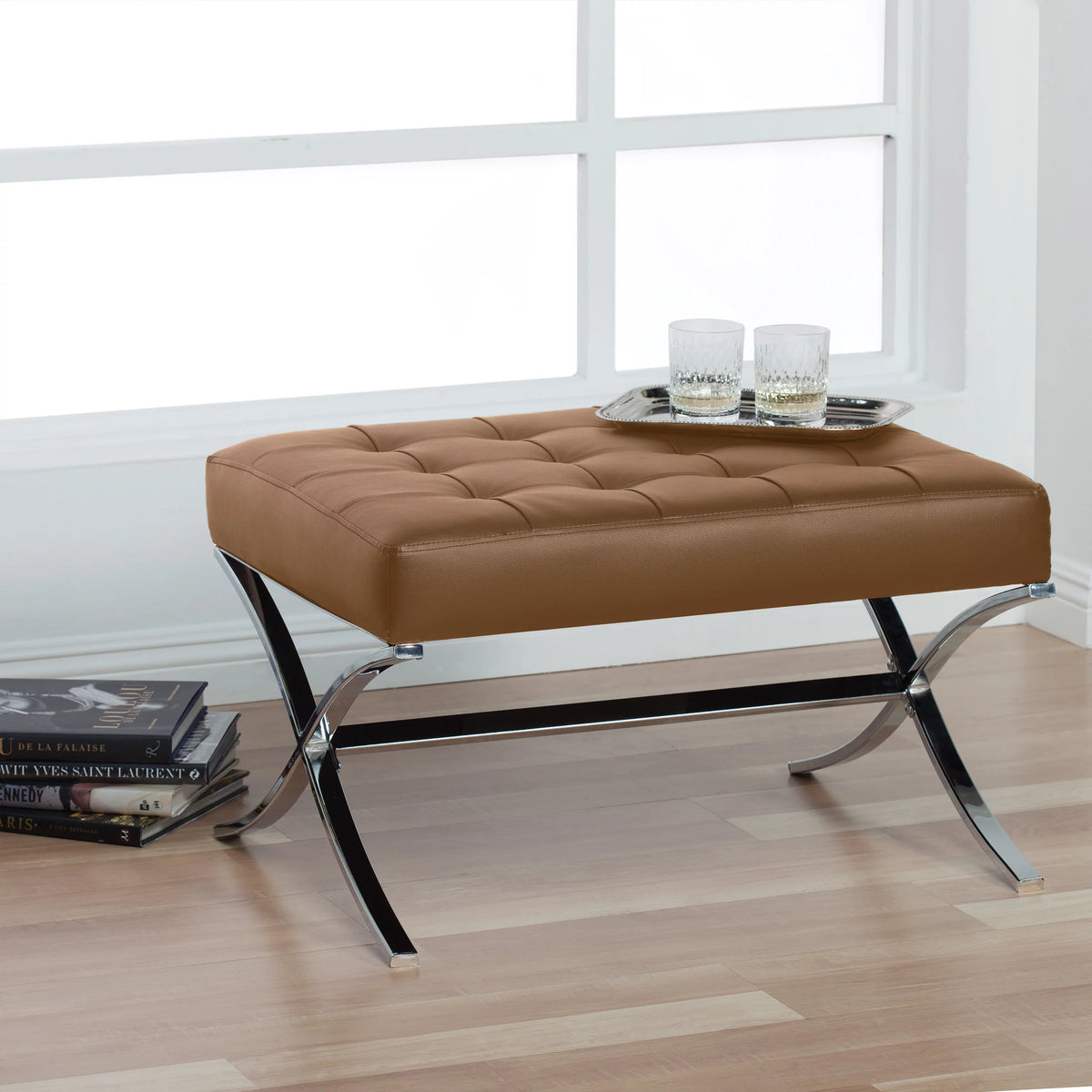 Caramel Brown Bonded Leather Tufted Ottoman T102