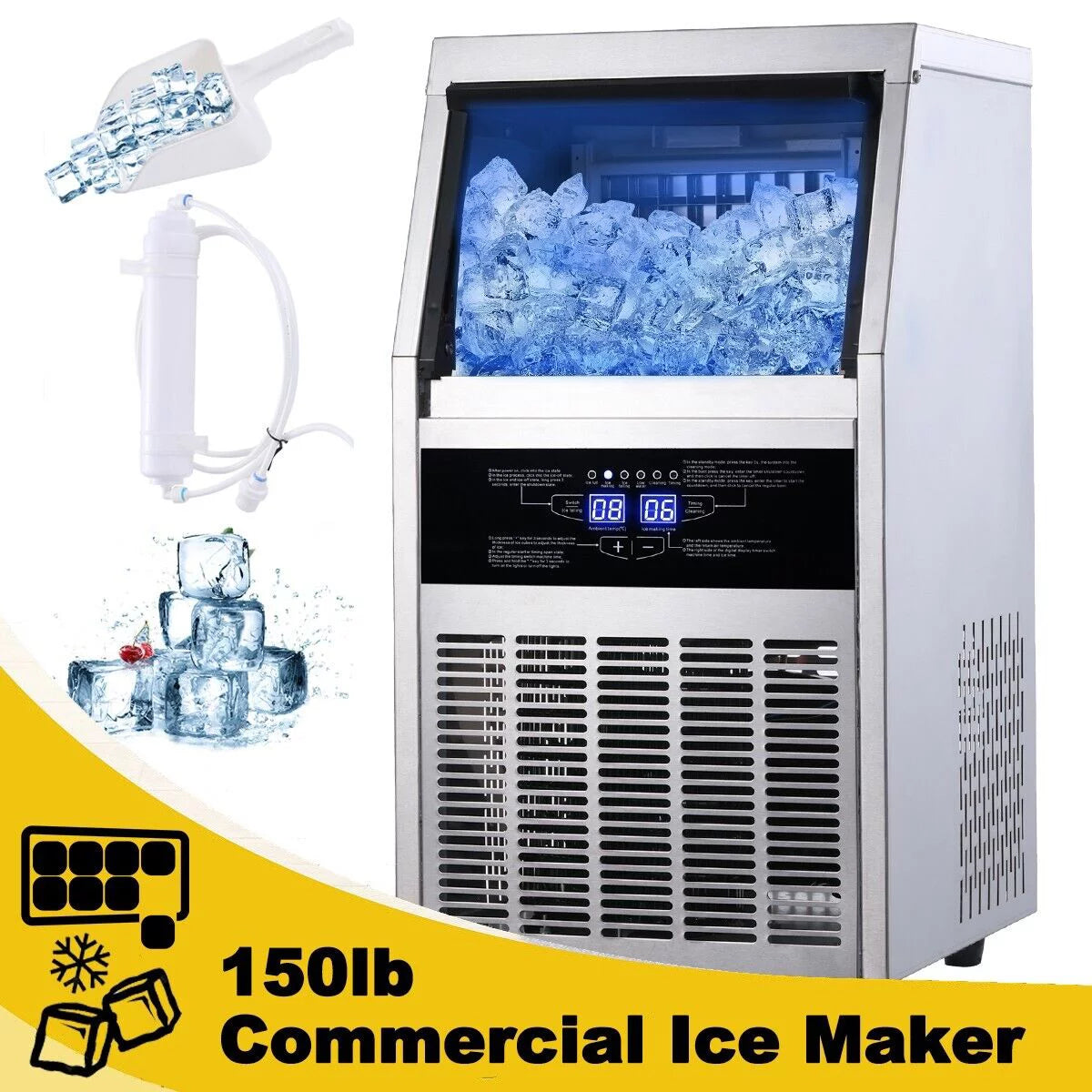 Commercial Ice Maker 150lb Stainless Steel Cube Machine S486