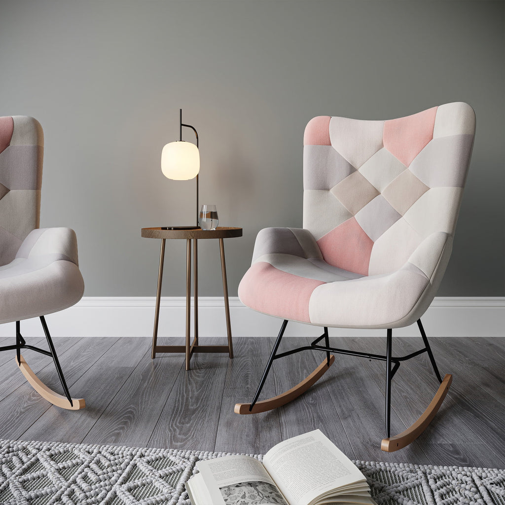Colorful Patchwork Linen Tufted Rocking Chair with Solid Wood Legs K683