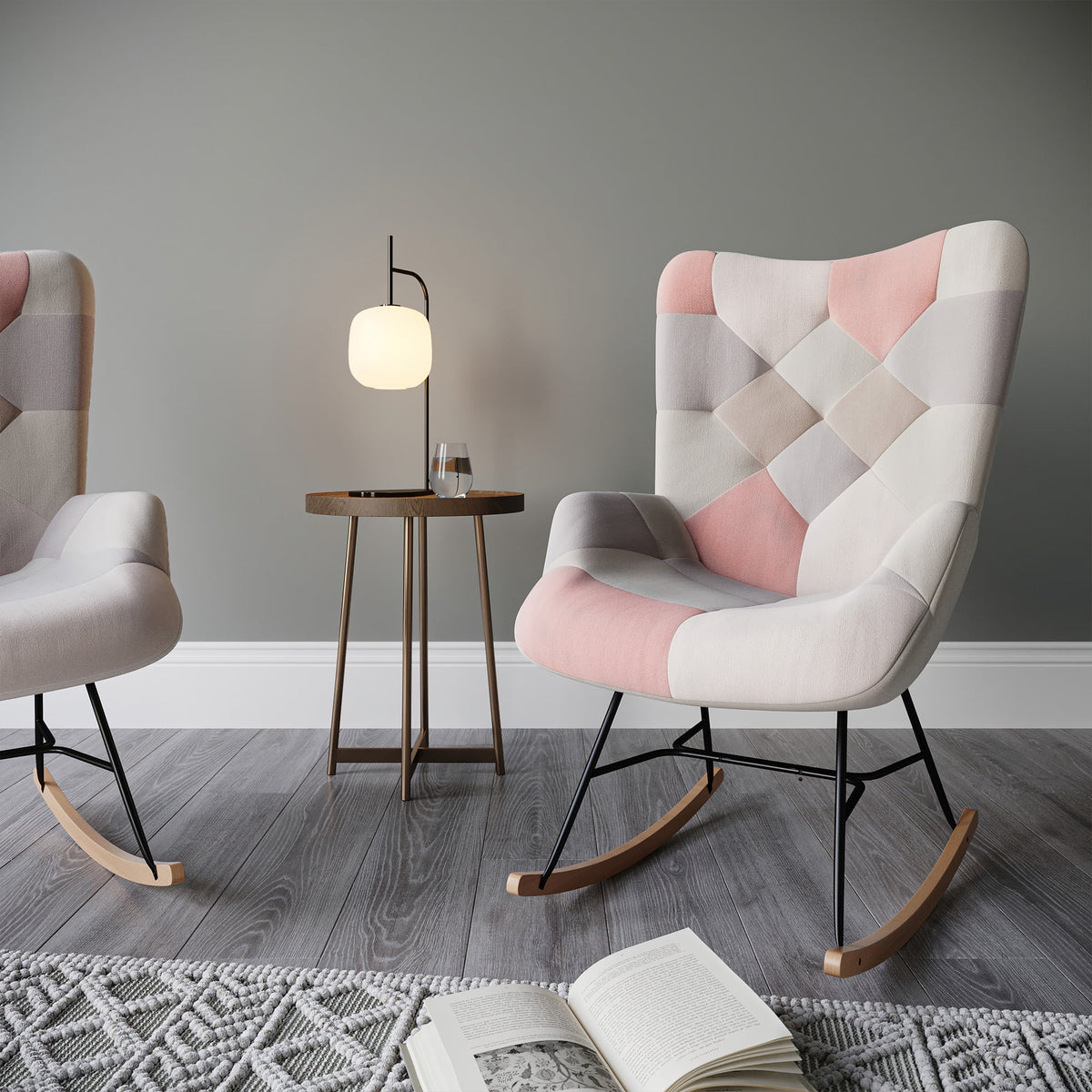 Colorful Patchwork Linen Tufted Rocking Chair with Solid Wood Legs K683