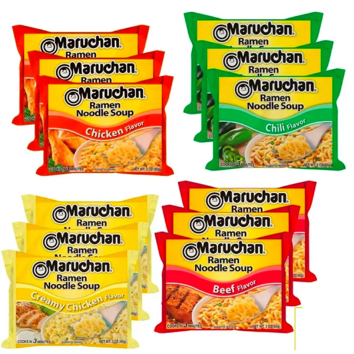 Instant Ramen Variety Pack 12 Packs 3oz Chicken Beef Chili Flavored Noodles V233060