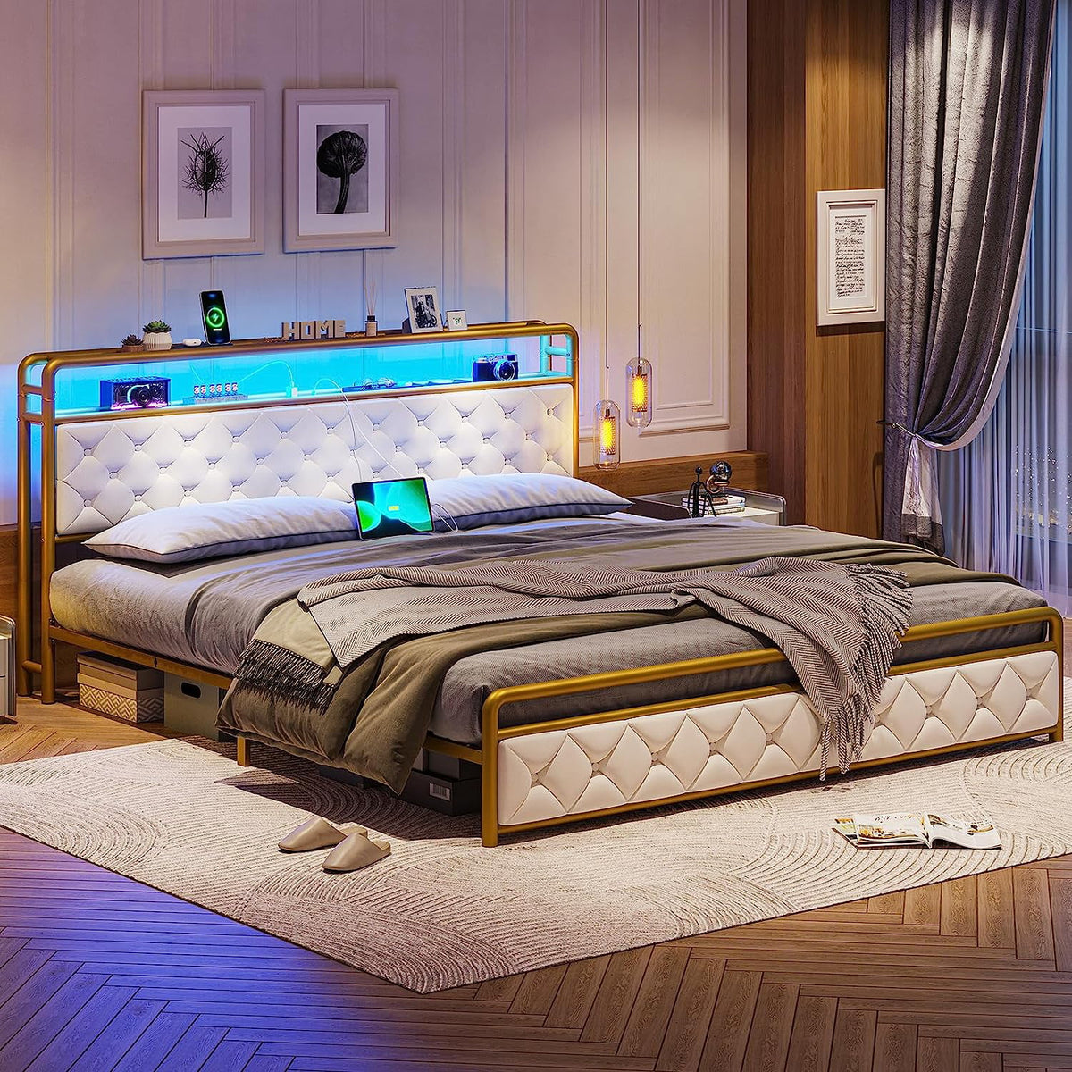 King LED Bed Frame with Power Outlets USB Ports Storage Headboard T5598