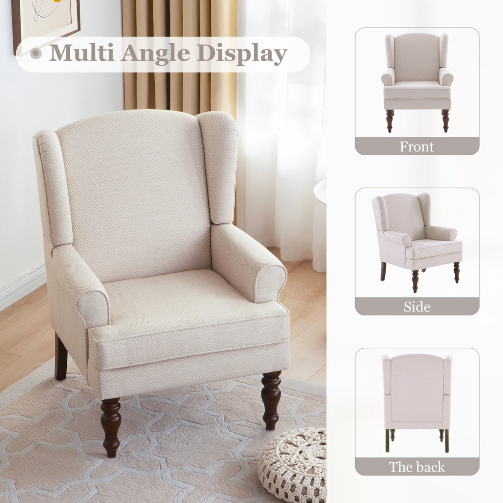 Tan Twill Upholstered Wingback Accent Chair with Solid Wood Legs I8951
