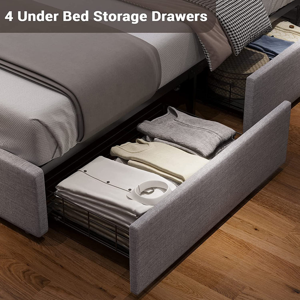 Queen Upholstered Bed Frame with 4 Storage Drawers and USB Charging Station T275