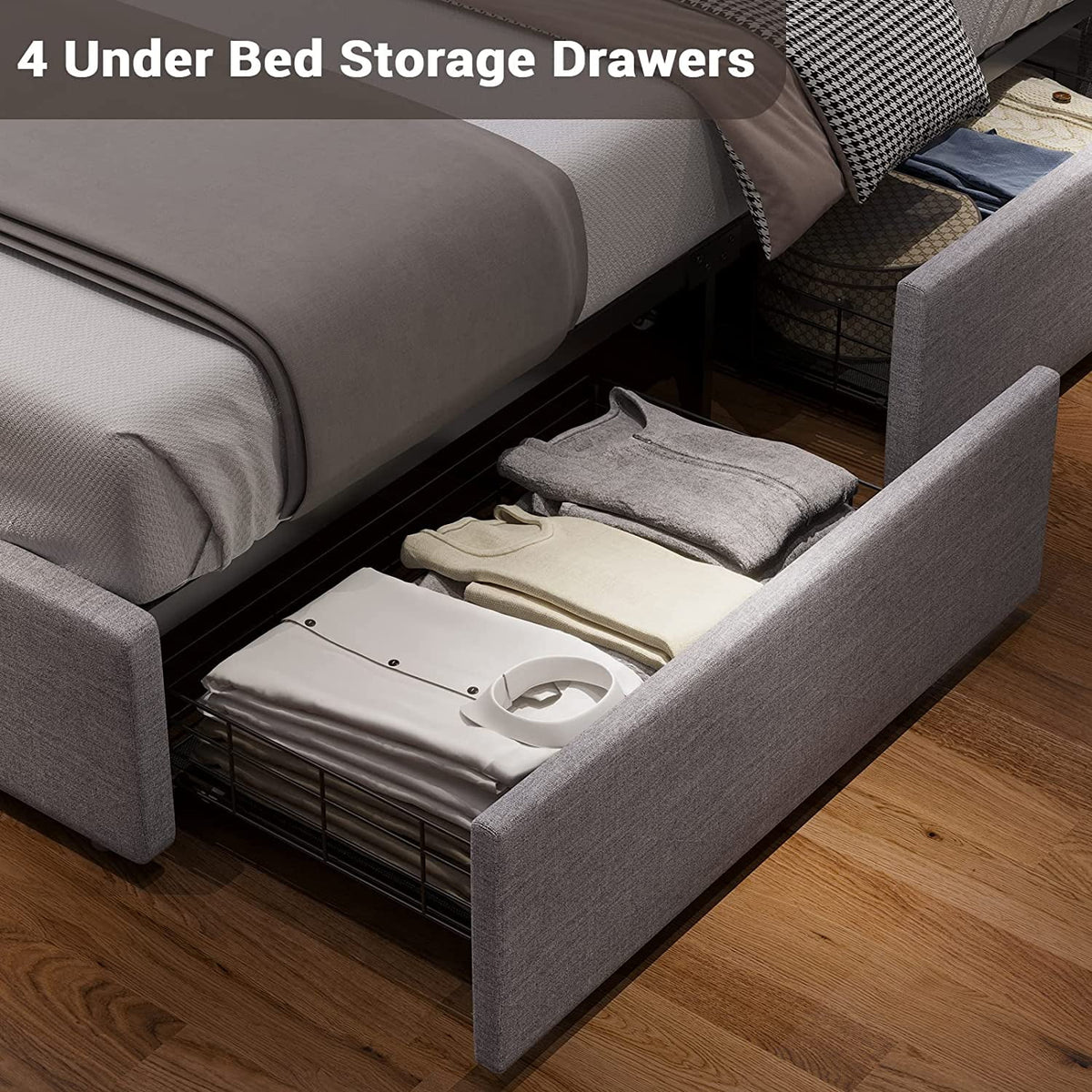 Queen Upholstered Bed Frame with 4 Storage Drawers and USB Charging Station T275