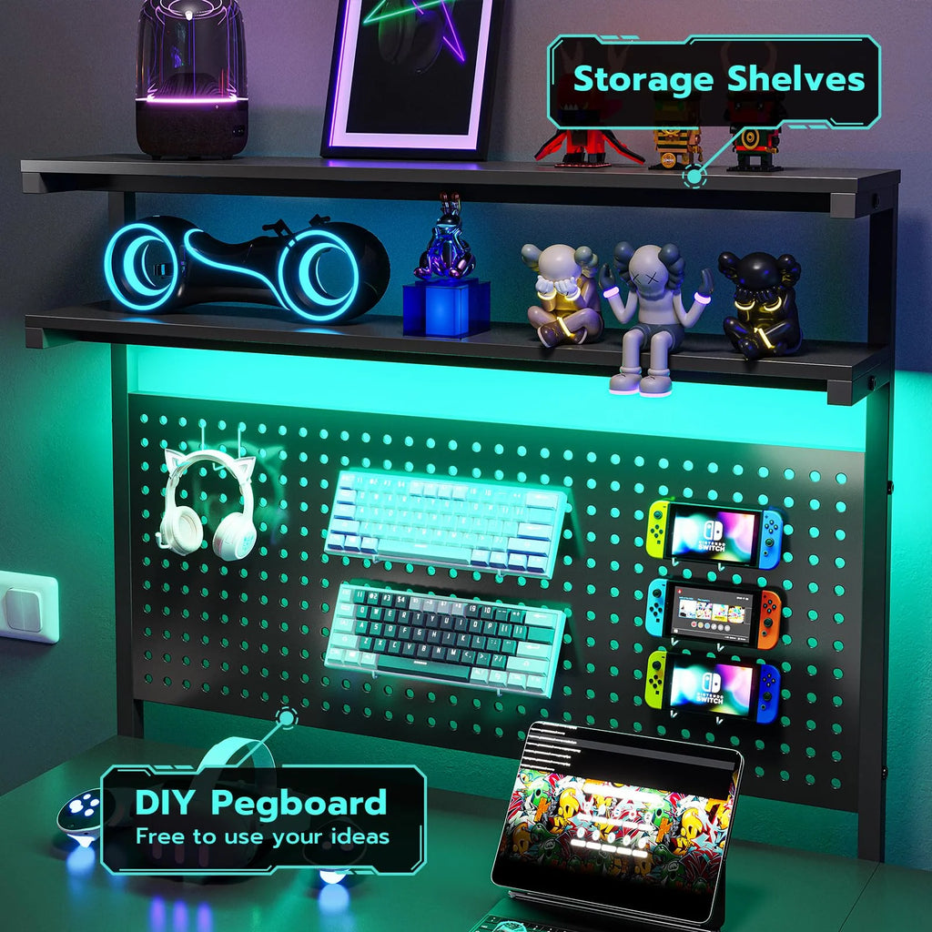Black L Shaped Desk with LED Lights and Storage Shelves P573