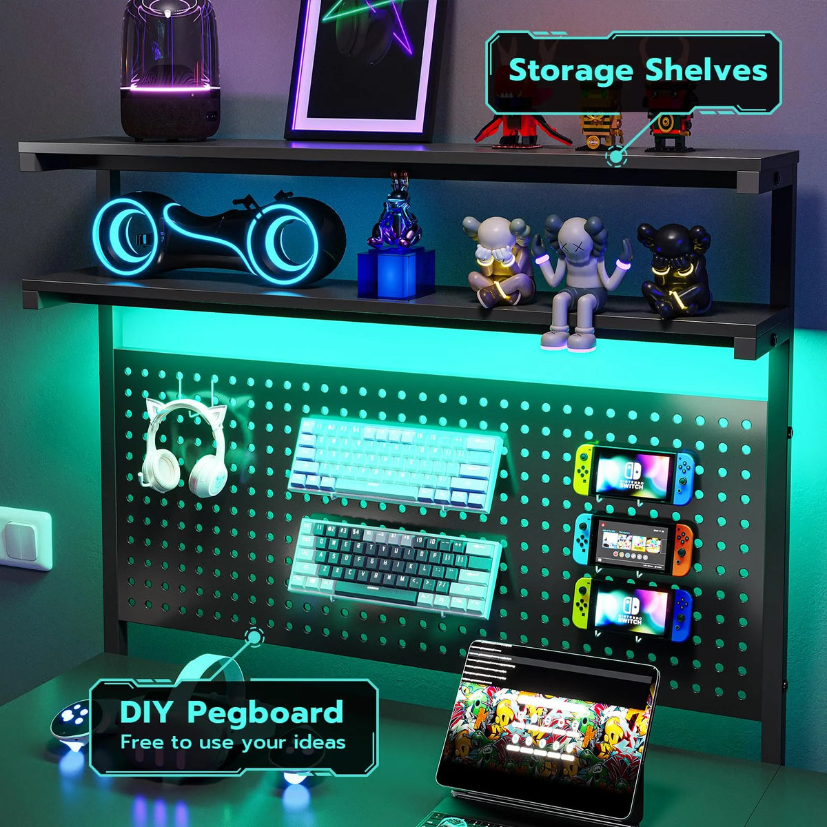 Black L Shaped Desk with LED Lights and Storage Shelves P573