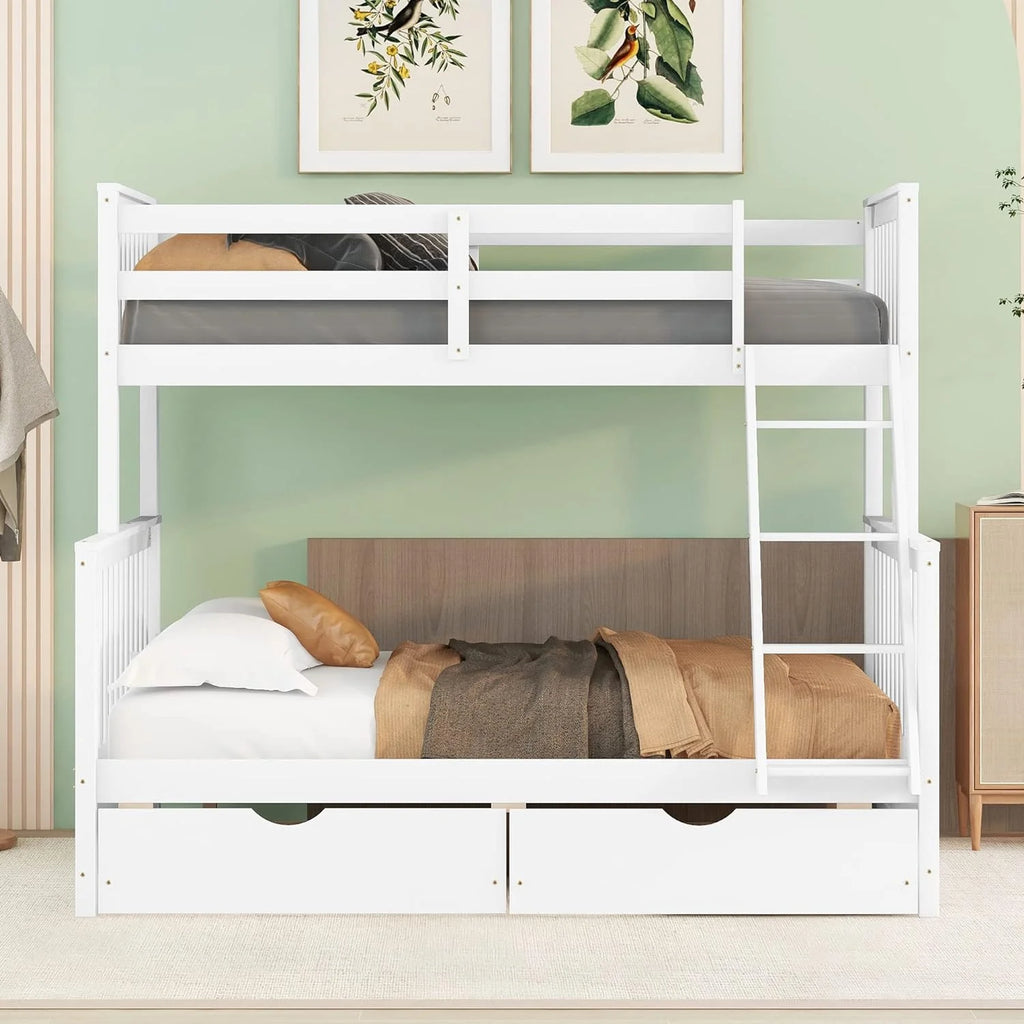 White Full Solid Wood Bed with Drawers and Ladders A64966