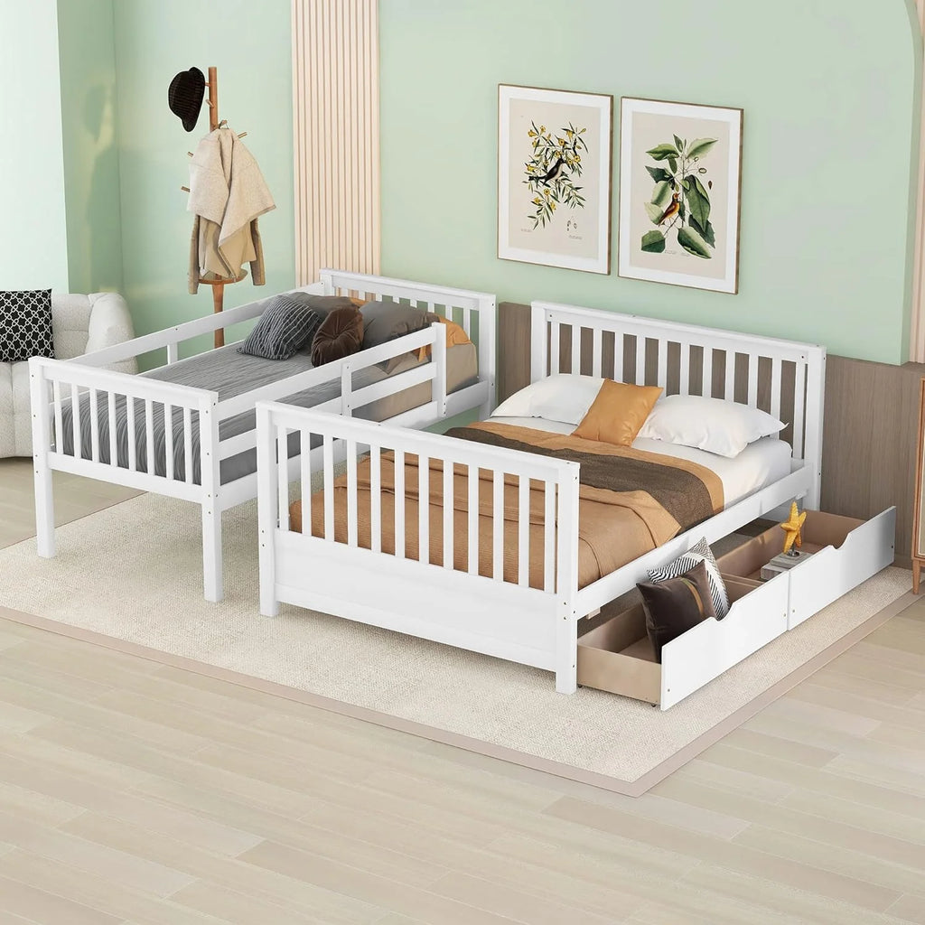 White Full Solid Wood Bed with Drawers and Ladders A64966