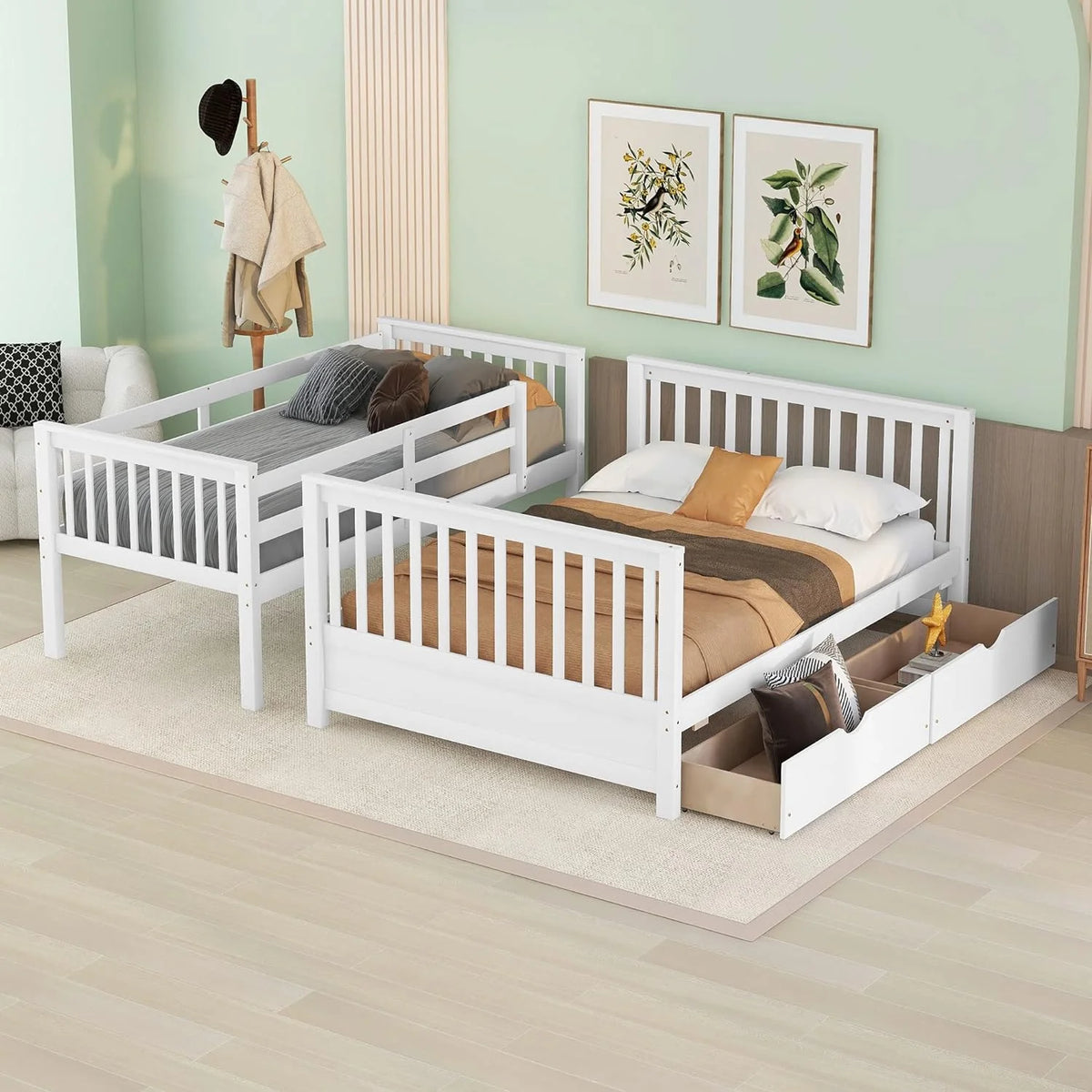 White Full Solid Wood Bed with Drawers and Ladders A64966