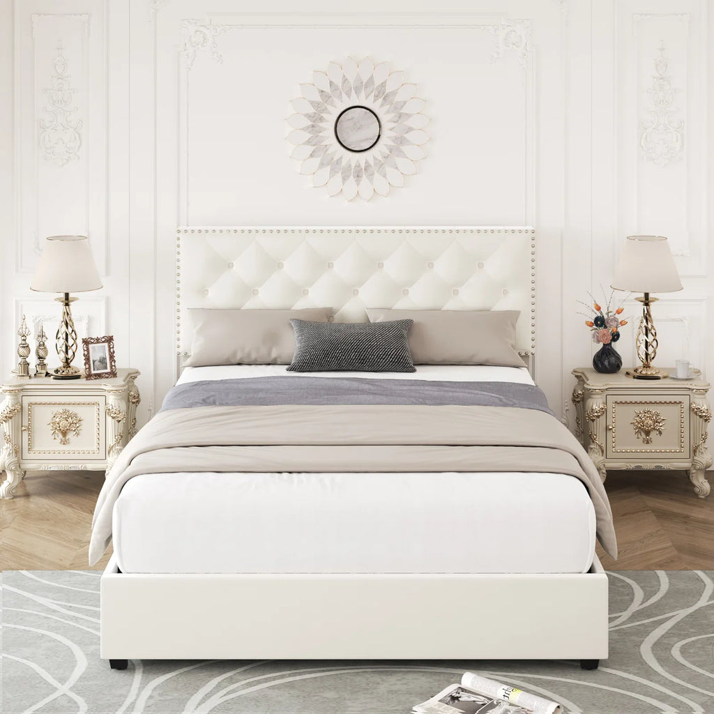 Queen Size Off-White Upholstered Storage Bed with 4 Drawers E152