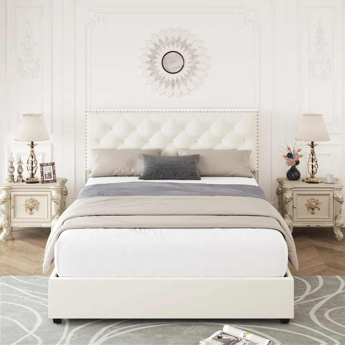 Queen Size Off-White Upholstered Storage Bed with 4 Drawers E152