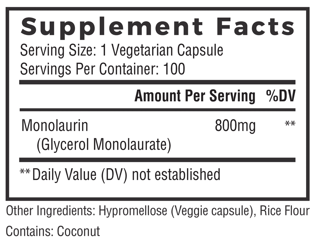 800mg Monolaurin Capsules 100 Count Vegan Non-GMO Gluten Free Supplement T812