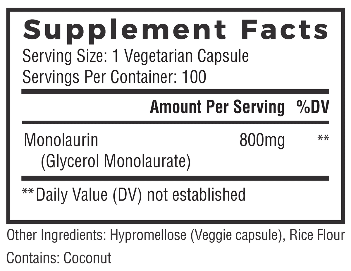 800mg Monolaurin Capsules 100 Count Vegan Non-GMO Gluten Free Supplement T812