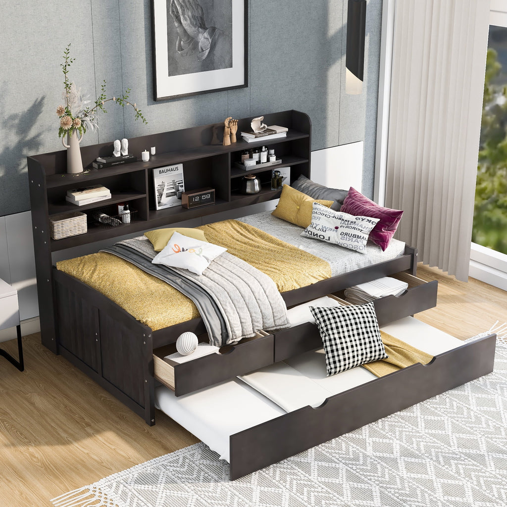 Wood Twin Size Daybed with Shelf, Trundle and Drawers V885104
