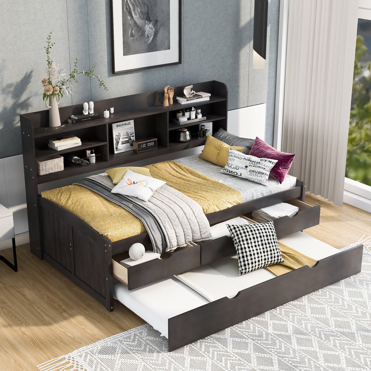 Wood Twin Size Daybed with Shelf, Trundle and Drawers V885104
