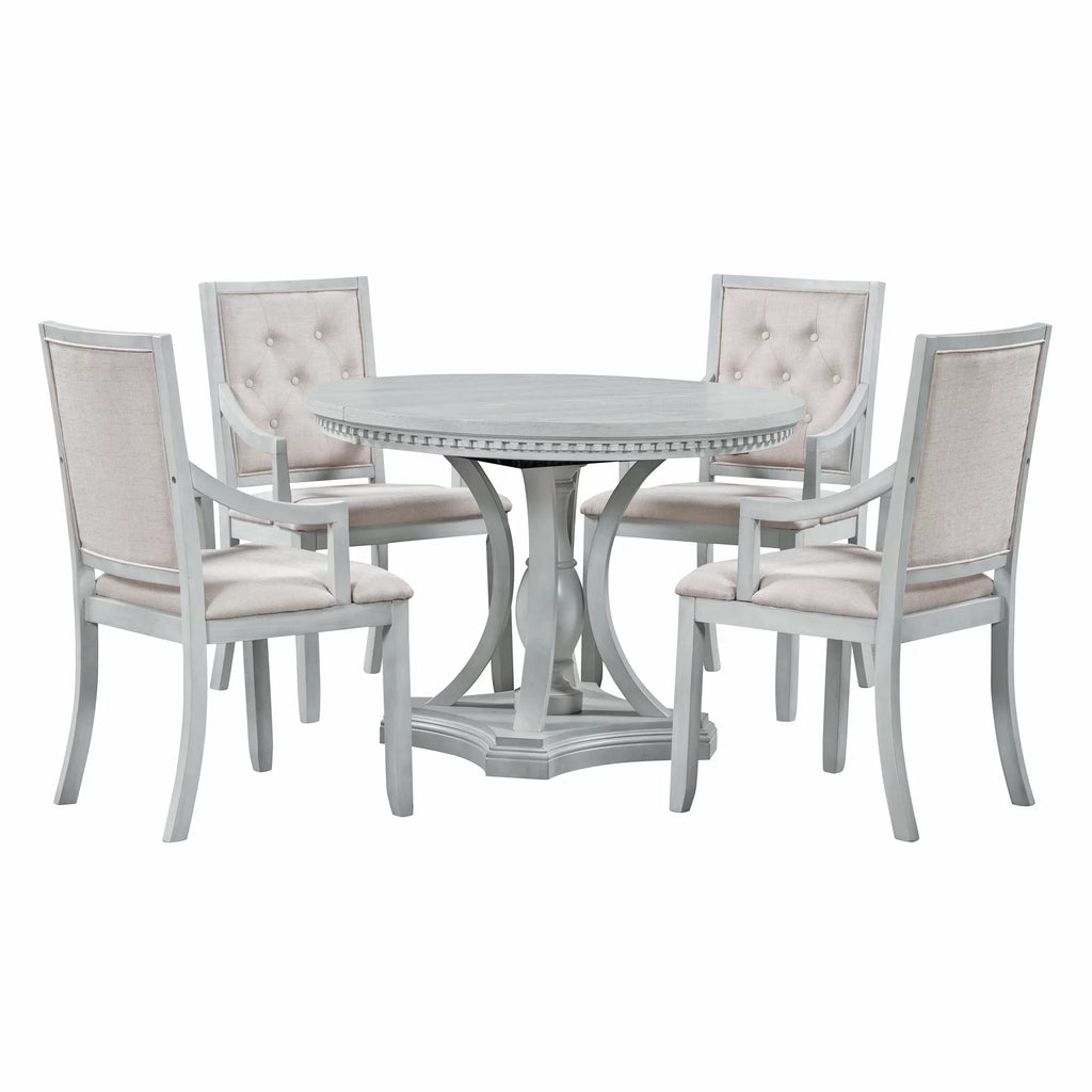 5 Piece Gray Wood Round Dining Table Set with 4 Upholstered Chairs X9355