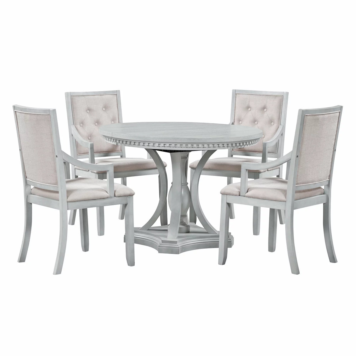 5 Piece Gray Wood Round Dining Table Set with 4 Upholstered Chairs X9355