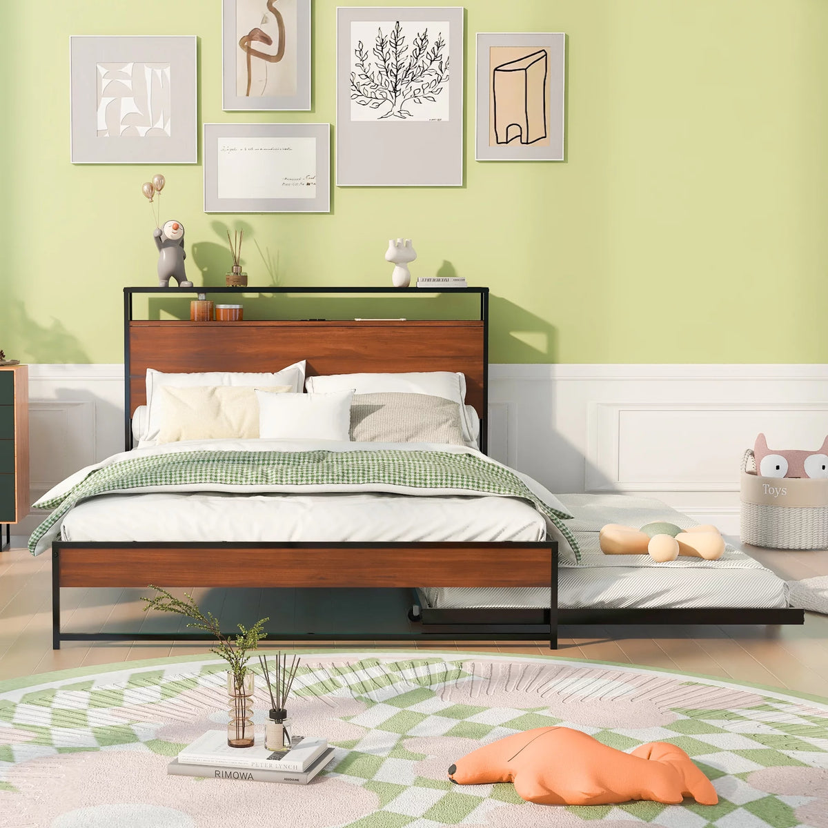 Full Size Metal Platform Bed Frame with Trundle and Storage Headboard P30082