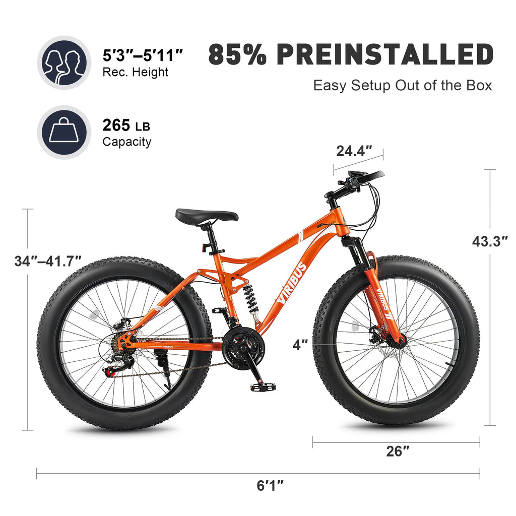 26 Mountain Bike 21 Speed Full Suspension Fat Tire Orange W928797
