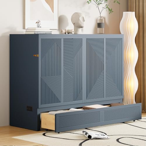 Full Size White Solid Pine Murphy Bed Cabinet with USB Ports W21392