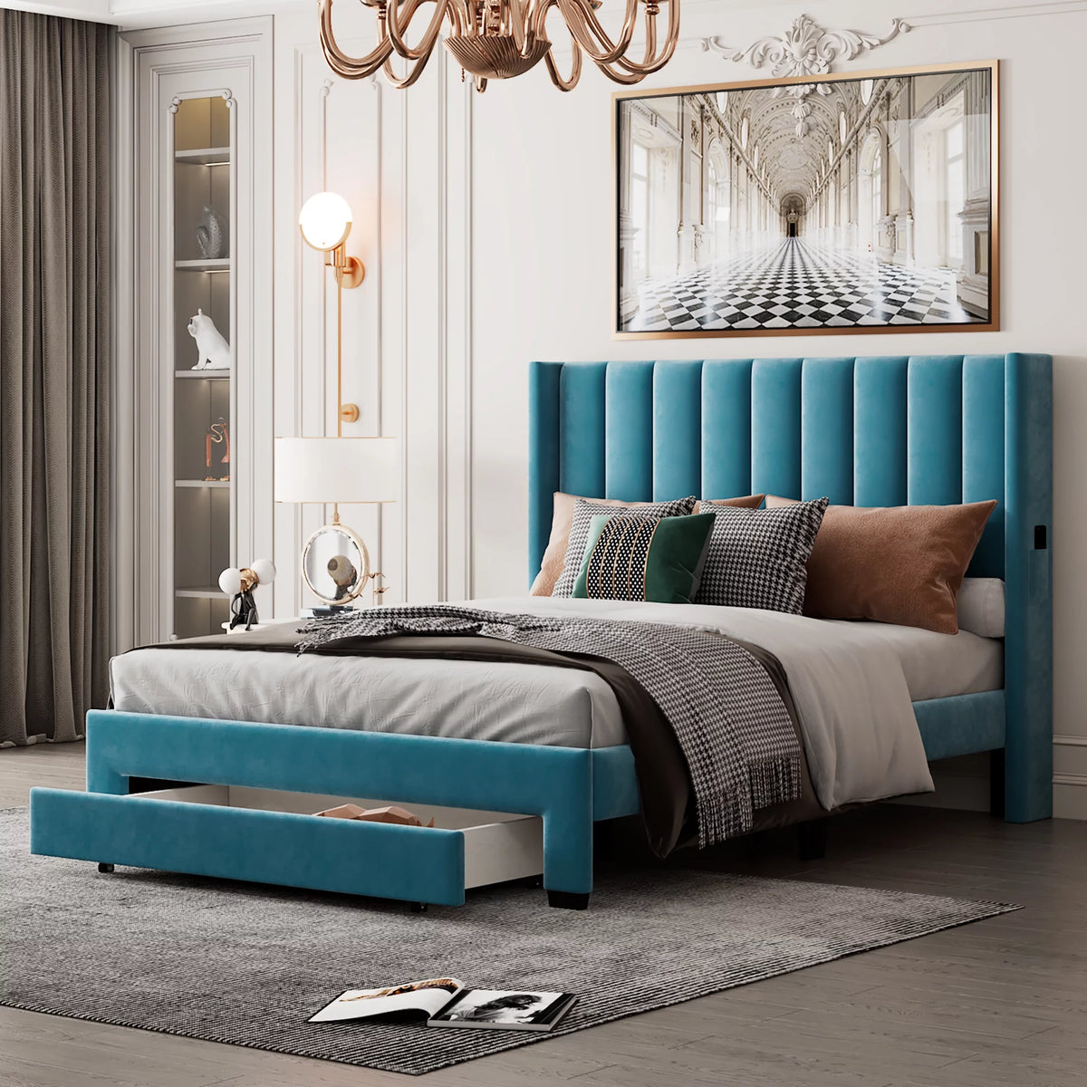 Queen Size Velvet Upholstered Platform Bed with Storage and Headboard A450437
