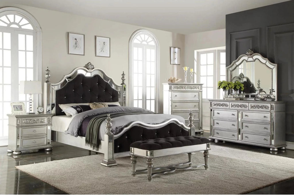 Black Silver Mirror Queen Poster Bed H8892