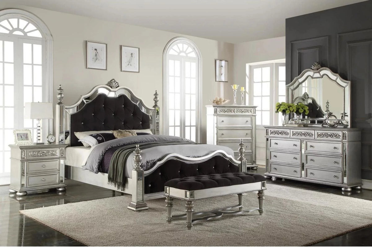 Black Silver Mirror Queen Poster Bed H8892