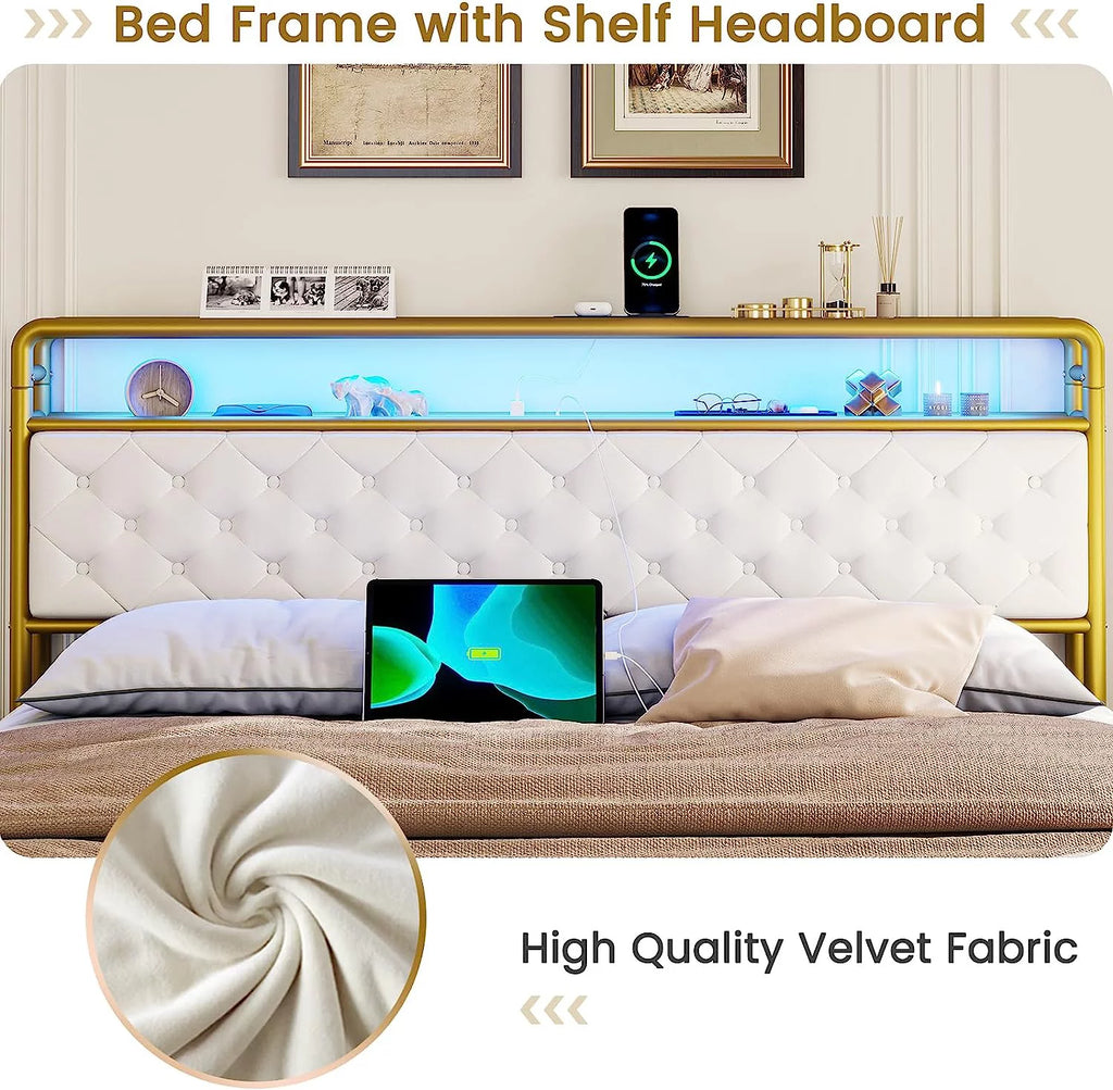 King LED Bed Frame with Power Outlets USB Ports Storage Headboard T5598