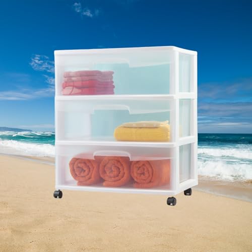 Rolling Plastic Storage Drawer Cart with 3 Clear Drawers, White R414