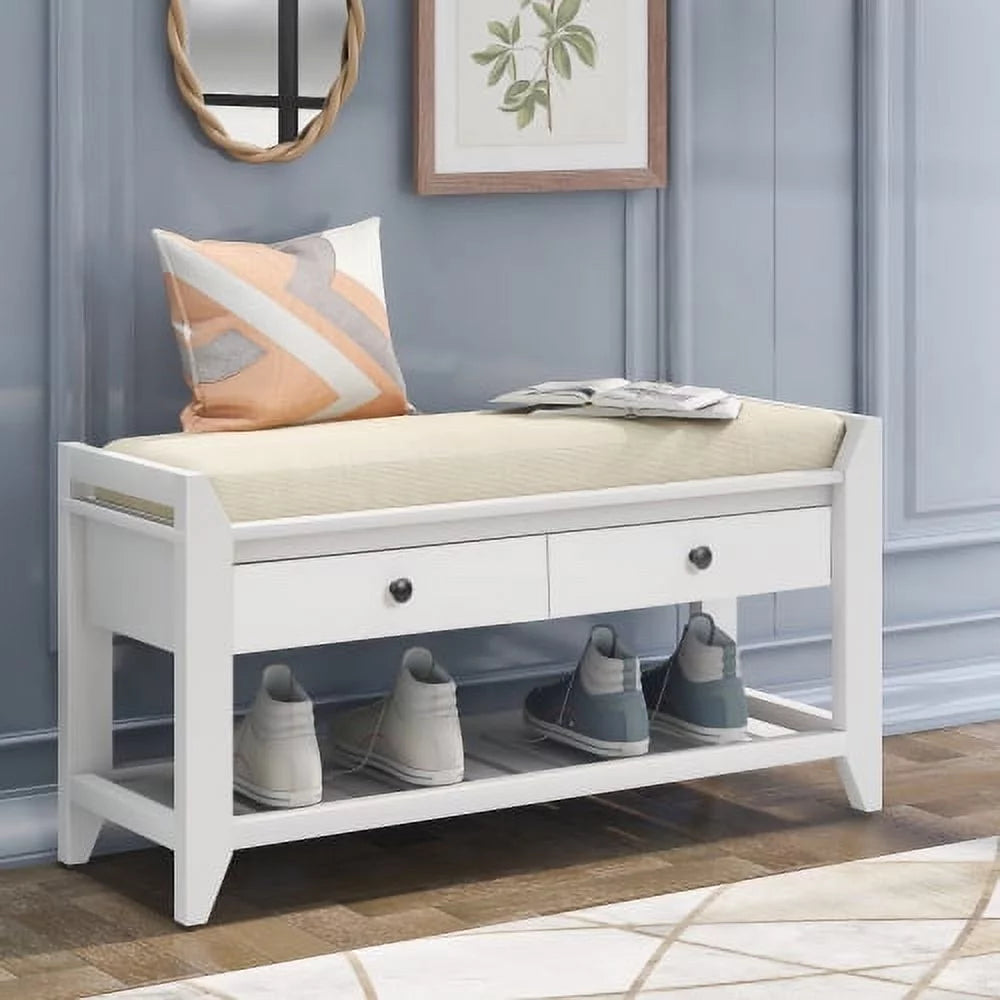White Shoe Rack with Cushioned Seat and Drawers W176