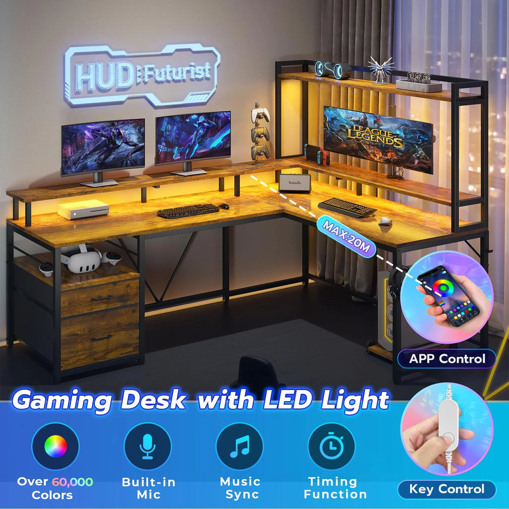 L Shaped Desk with LED Light and File Drawer Q898597