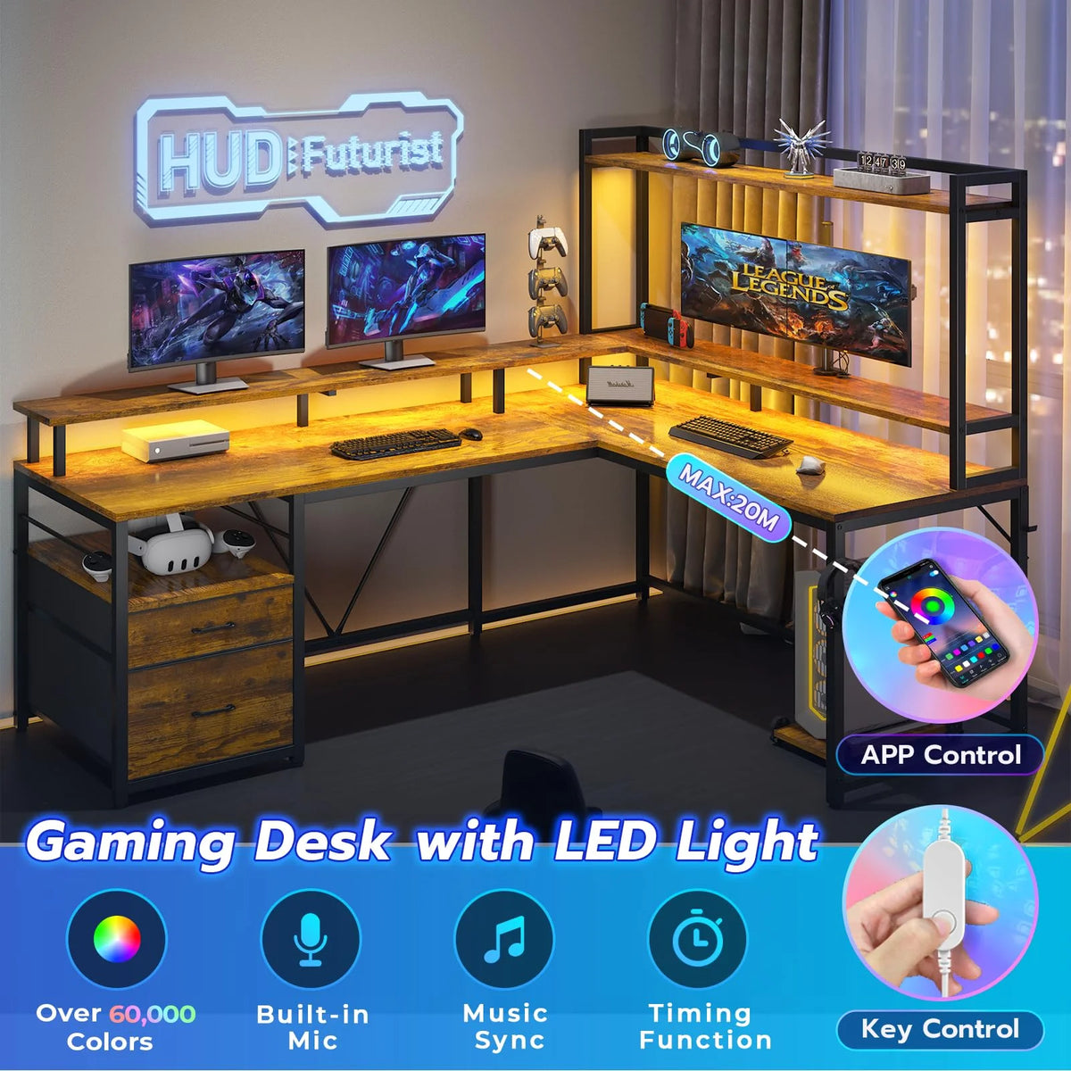 L Shaped Desk with LED Light and File Drawer Q898597