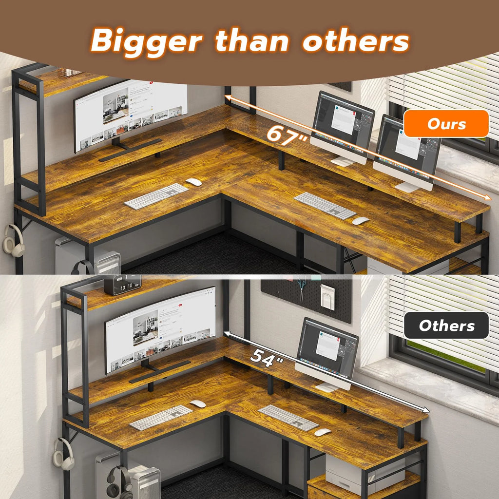 L Shaped Desk with LED Light and File Drawer Q898597
