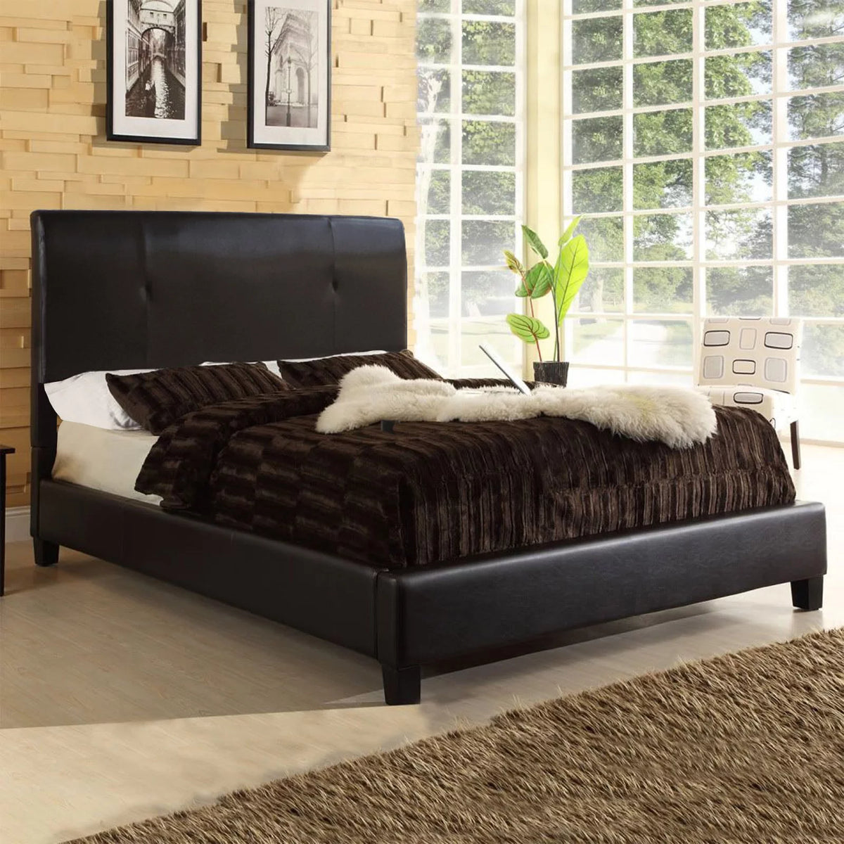 Queen Panel Bed Dark Brown Faux Leather D5026