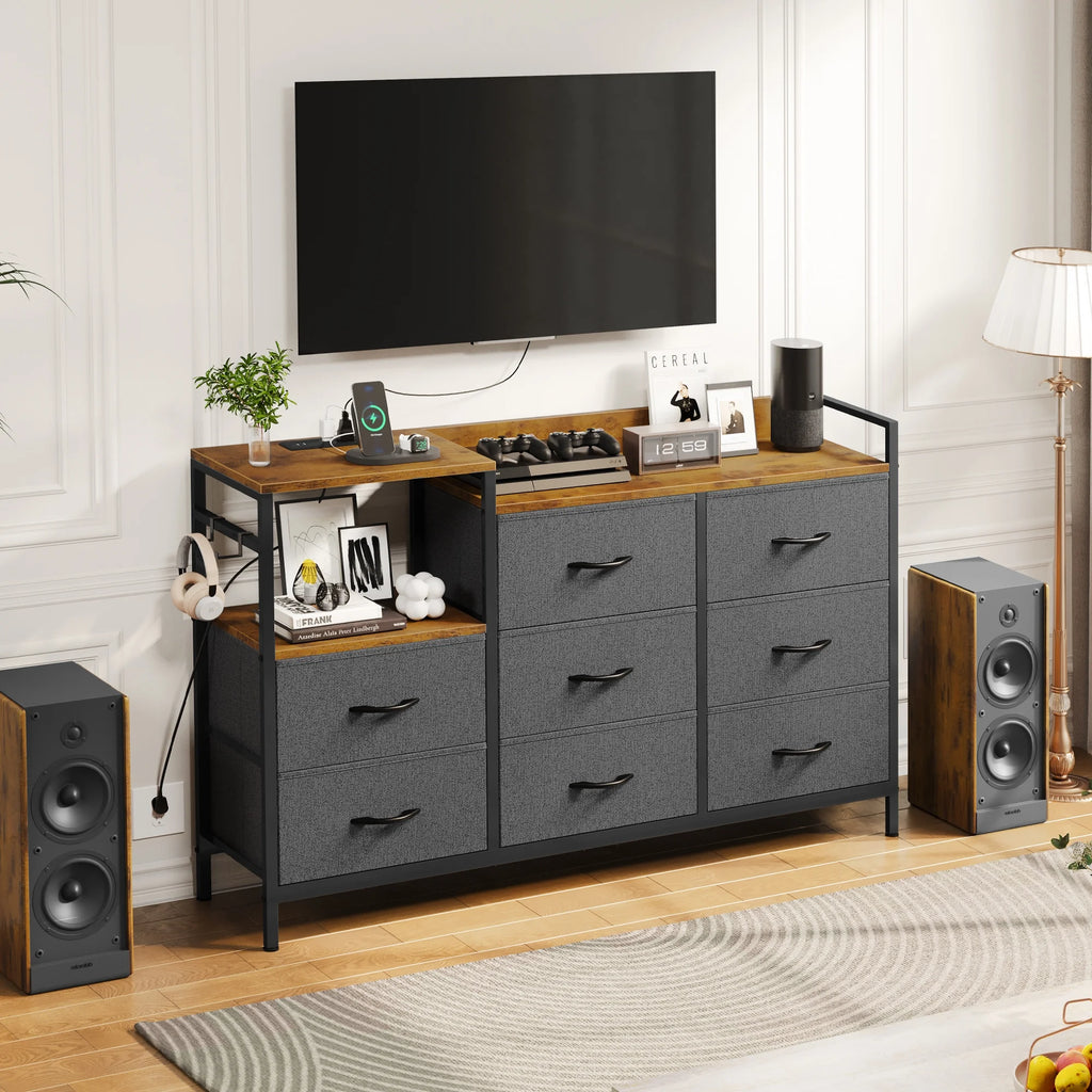 Black 8 Drawer Fabric Dresser with Wooden Top N8863