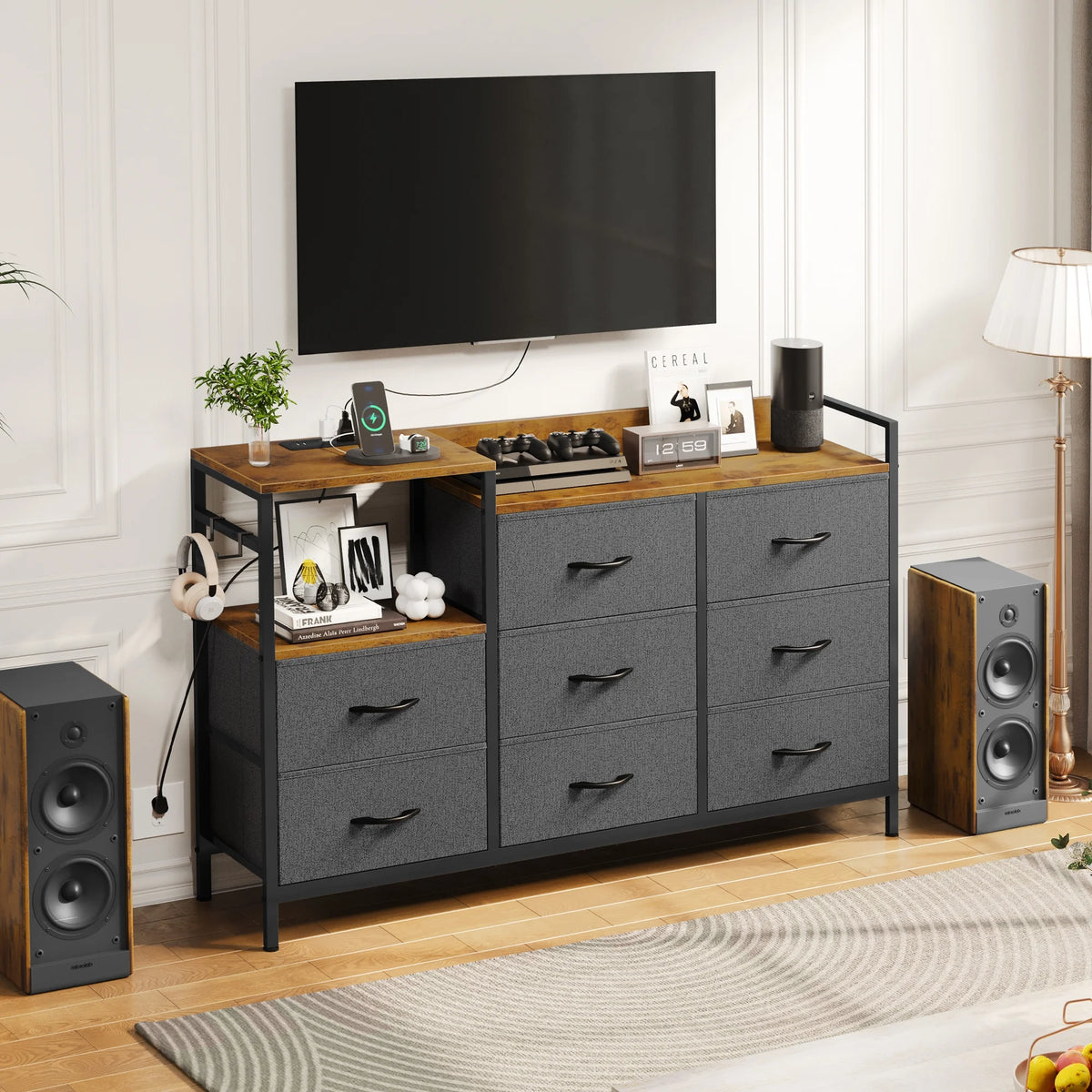 Black 8 Drawer Fabric Dresser with Wooden Top N8863