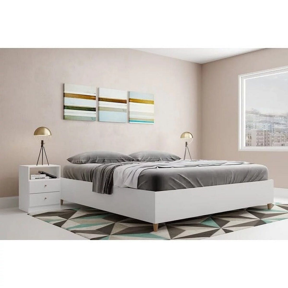 King Bed Frame MDF Wood Bed Base White M648